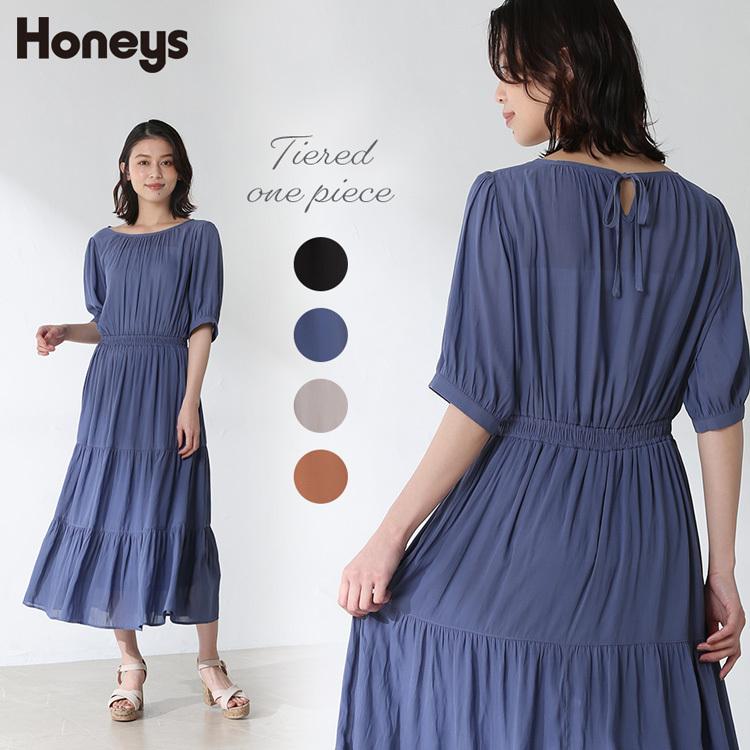 ワンピース 半袖 ティアード リボン ボリューム袖 無地 ふんわり おしゃれ レディース 夏 Sale Honeys ハニーズ ティアードワンピース ハニーズ オンラインショップ 通販 Paypayモール