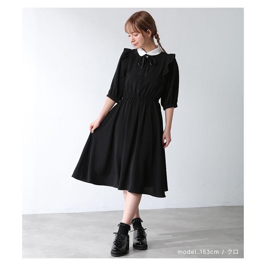 ワンピース 5分袖 衿 無地 水玉 レトロ コンパクト ボータイリボン ガーリー レディース 春 Honeys ハニーズ 衿付ワンピース ハニーズ オンラインショップ 通販 Paypayモール