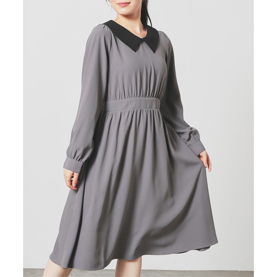 Honeys ワンピース 長袖 ひざ丈 大きいサイズ 衿付き 配色 無地