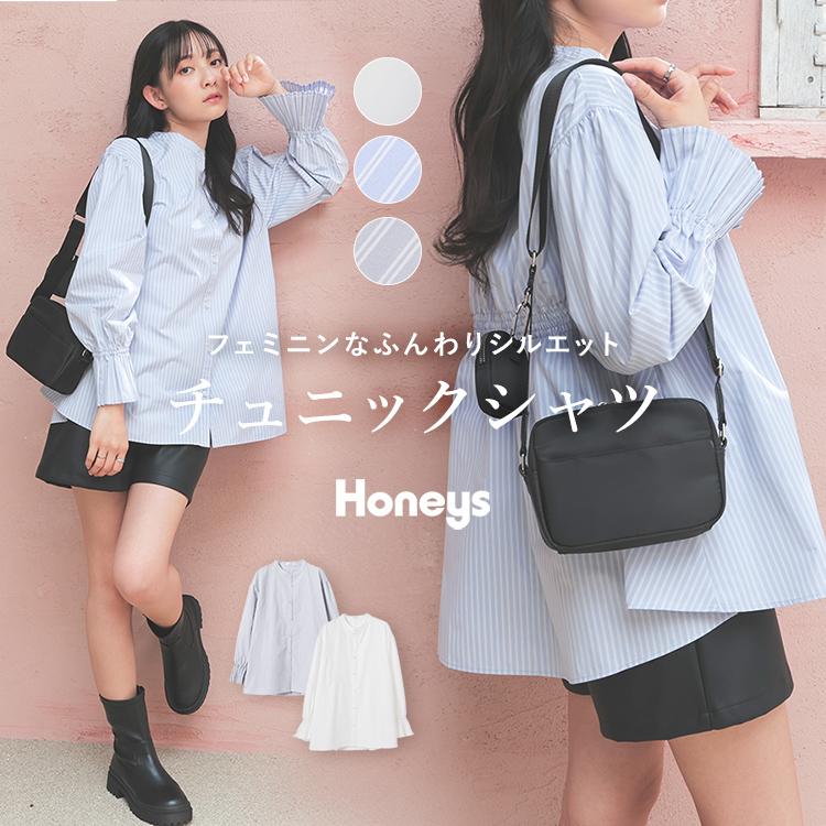 Honeys トップス ブラウス 長袖 マオカラー シャーリング Honeys トップス ブラウス 長袖 マオカラー シャーリング