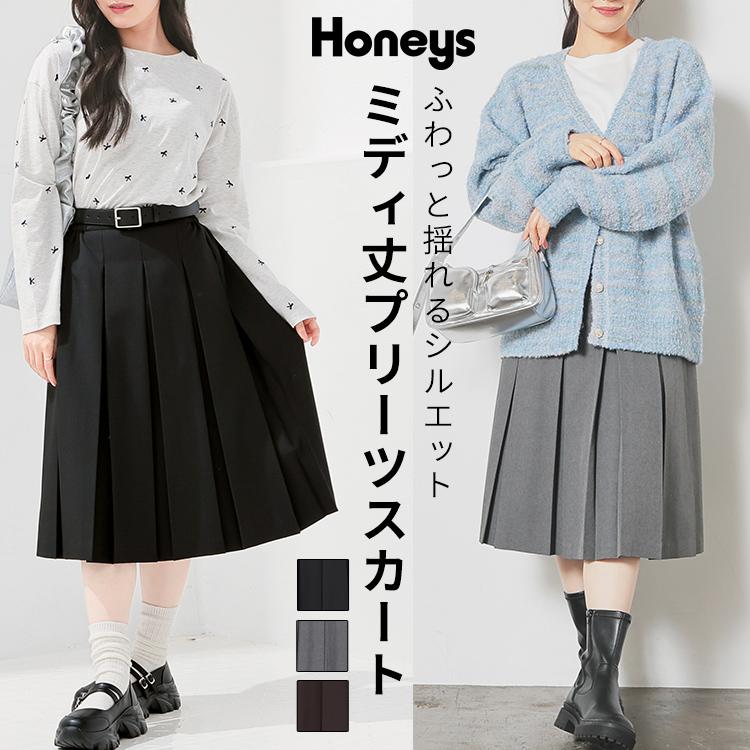 グレー プリーツスカート ゴム入り ハニーズ Honeys ミディ丈プリーツスカート ボトムス スカート ひざ丈