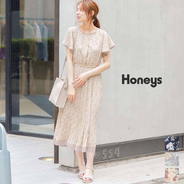 即日発送 ワンピース ロング丈 半袖 配色 花柄 プリーツ フレア ジョーゼット 裏地 通勤 レディース 夏 Honeys ハニーズ 配色ワンピース