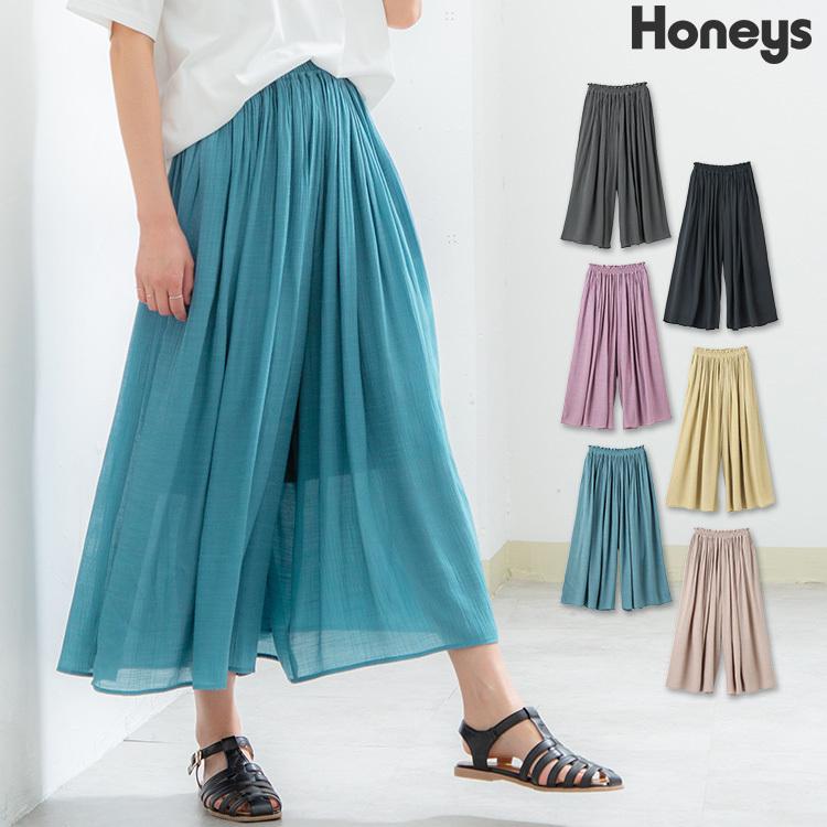 ボトムス スカーチョ ガウチョパンツ スカート見え 涼しげ ウエストゴム 無地 裏地 レディース 夏 Honeys ハニーズ 売れ筋がひ