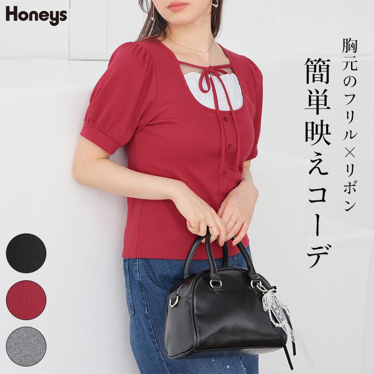 Honeys（ハニーズ） トップス カットソー 半袖 フリル リボン ふんわり