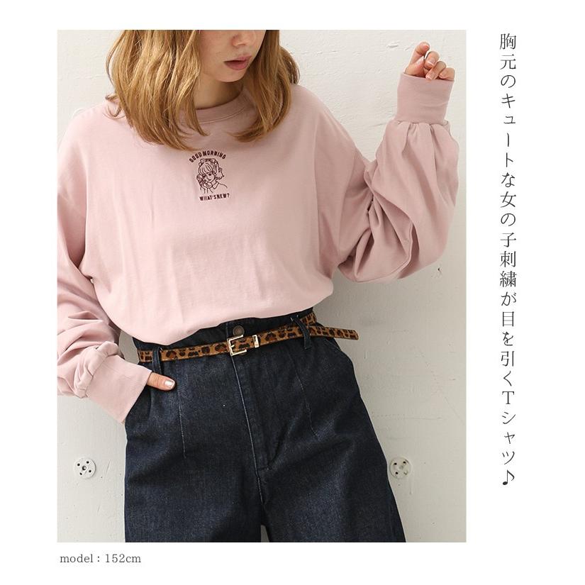 トップス ｔシャツ レディース 長袖 クルーネック 刺繍 ガーリー