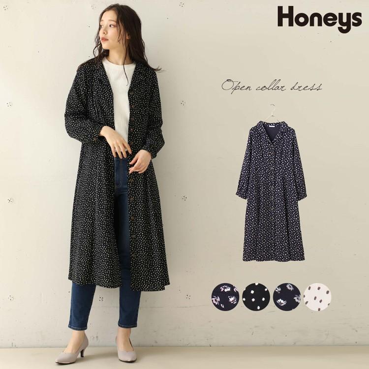 ワンピース レディース 襟 柄 長袖 春 春新作 パープル 花柄 黒 水玉 グレー ベージュ Honeys ハニーズ 開襟ワンピース ハニーズ オンラインショップ 通販 Paypayモール