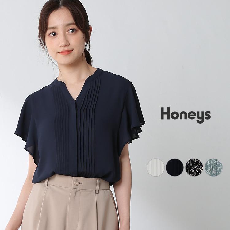 ブラウス 半袖 ピンタック 無地 花柄 スキッパー フリル袖 上品 おしゃれ ハニーズ 夏 Honeys ハニーズ ピンタックブラウス ハニーズ オンラインショップ 通販 Paypayモール