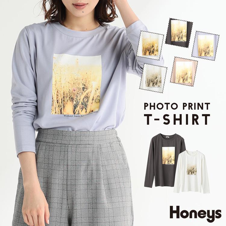 Tシャツ ロンt カットソー レディース 長袖 綿100 プリント おしゃれ 秋 冬 Sale セール Honeys ハニーズ フォトプリントｔシャツ ハニーズ オンラインショップ 通販 Paypayモール