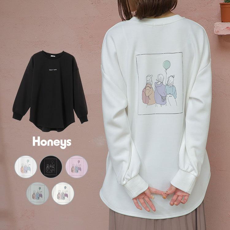 トップス カットソー 長袖 イラストプリント 手書き風 ロゴ レディース 秋 冬 Honeys ハニーズ イラストプリントトップス 公式