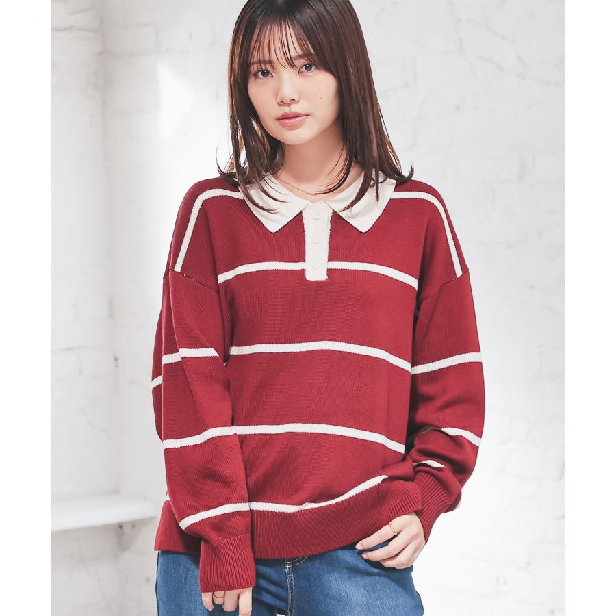 Honeys（ハニーズ） トップス ニット セーター 長袖 衿付き ボーダー柄