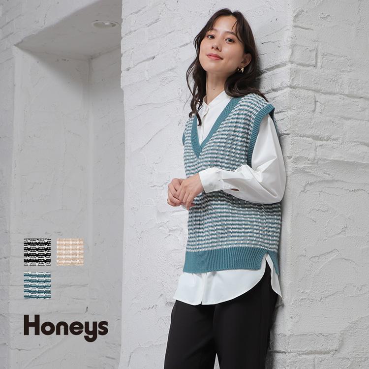 トップス ベスト ニット Vネック 配色 レイヤード 重ね着 スリット おしゃれ レディース 秋 Honeys ハニーズ 総柄ニットベスト ハニーズ Yahoo 店 通販 Yahoo ショッピング