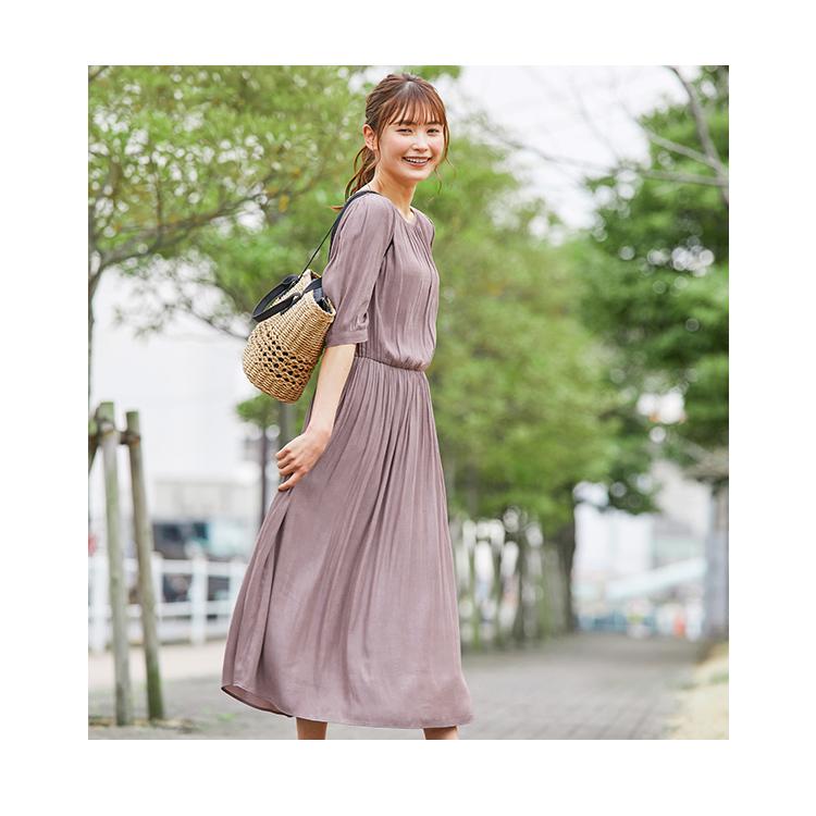 ワンピース 5分袖 無地 パフスリーブ 落ち感 ウエストゴム ボリューム袖 レディース 夏 Honeys ハニーズ パフスリーブワンピース ハニーズ オンラインショップ 通販 Paypayモール