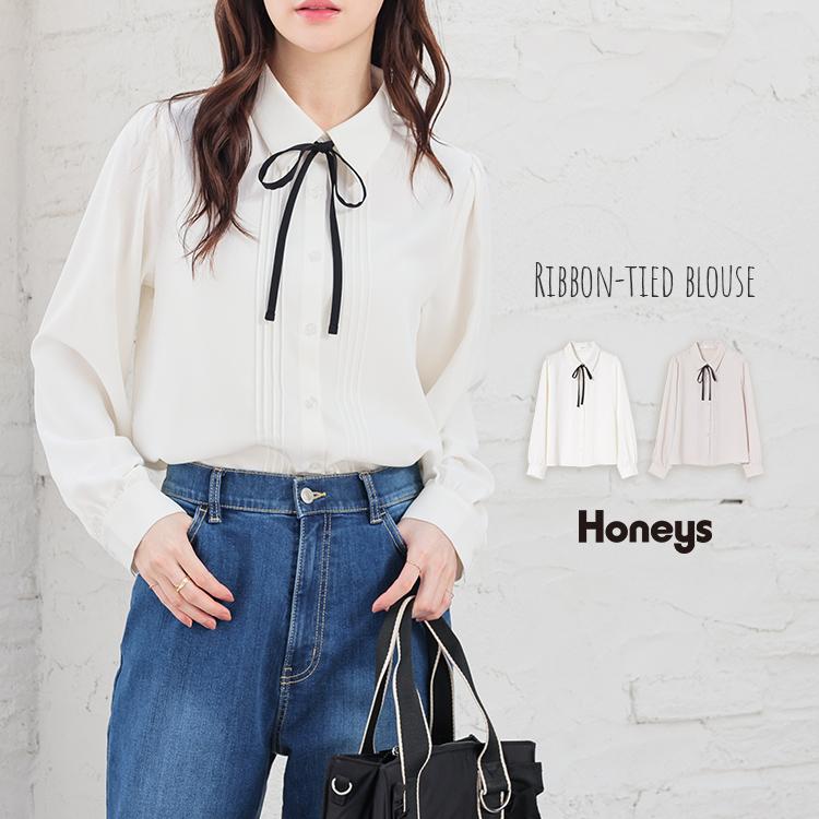 Honeys（ハニーズ） トップス ブラウス 長袖 リボン付き ピンタック