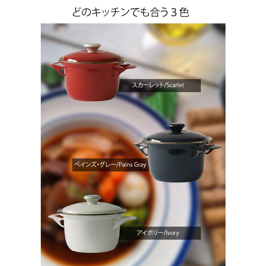 ホーロー 琺瑯 両手鍋 16cm ココット EXシリーズ  富士ホーロー シンプル  IH200V対応 オーブン対応  シンプル 安心のメーカー直販 白 赤 ペインズグレー | 富士ホーロー | 02