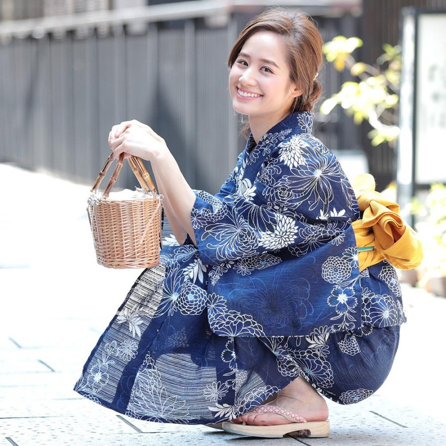 浴衣 レディース 3点セット (ゆかた/帯/下駄) 紺 菊 (ネイビー/菊 浴衣 レディース 3点セット (ゆかた/帯/下駄) 紺 菊 (ネイビー/菊