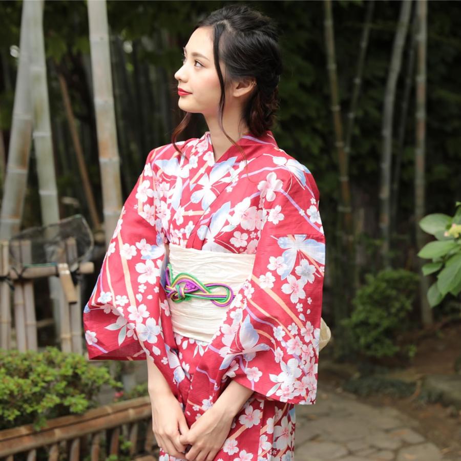 浴衣 レディース 3点セット (ゆかた/帯/下駄) 赤 蝶 (レッド/蝶)レトロ