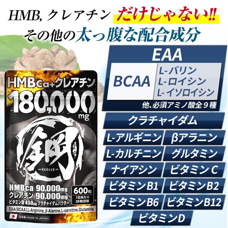 HMB クレアチン サプリ 鋼 国産 HMB 90,000mg クレアチン 90,000mg BCAA クラチャイダム プロテイン 筋トレ ダイエット サプリメント 600粒｜hongo-company｜09