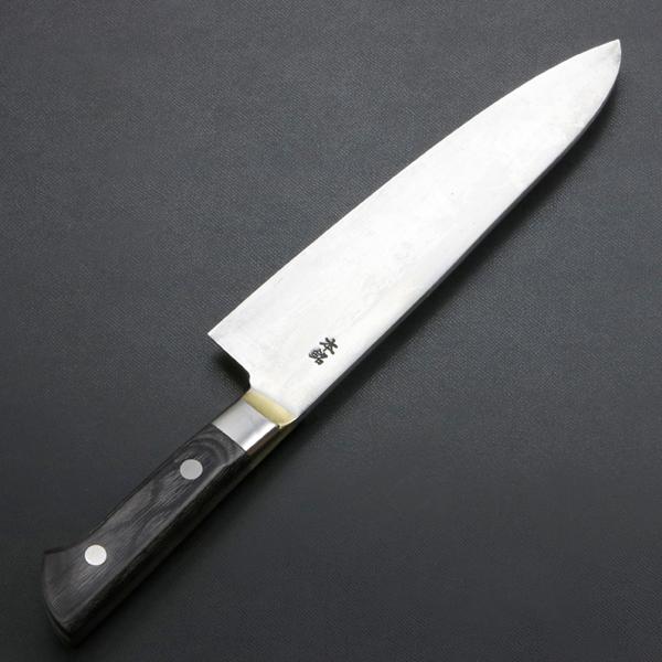 武蔵国光月作 洋出刃包丁 両刃 210mm 全鋼 真鍮ロウ付け共口金付き