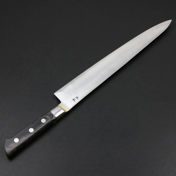 武蔵国光月作 筋引包丁 両刃 270mm 全鋼 真鍮ロウ付け口金付き 武蔵国光月作 筋引包丁 両刃 270mm 全鋼 真鍮ロウ付け口金付き