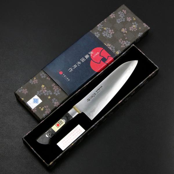 武蔵国光月作 洋出刃包丁 両刃 180mm 全鋼 真鍮ロウ付け共口金付き