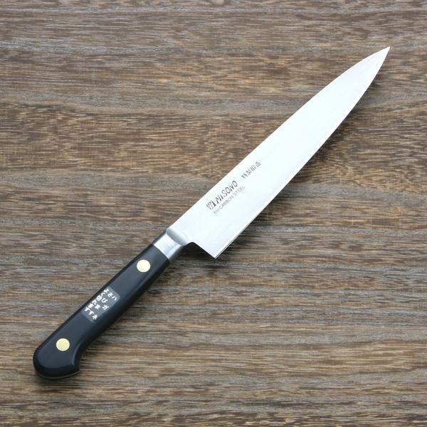 ミソノ ペティナイフ 両刃 150mm EUカーボン鋼 共口金付き 本刃付け 黒合板柄 | 
