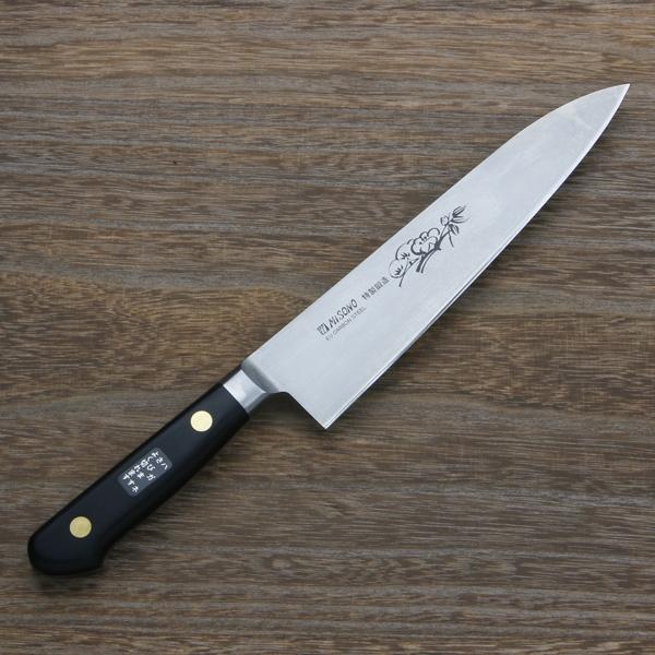 ミソノ 牛刀 両刃 180mm EUカーボン鋼 共口金付き 彫刻入り 黒合板柄 | 