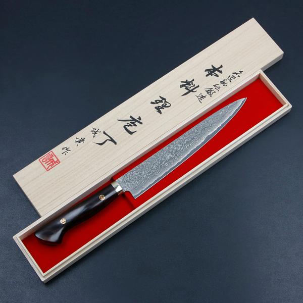 田中誠貴作 筋引包丁 両刃 210mm 粉末ハイスR2 割込み ステンレス ダマスカス模様 口金付き アイアンウッド柄 木箱入り | 