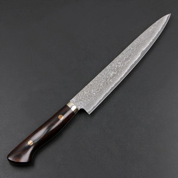 田中誠貴作 筋引包丁 両刃 210mm 粉末ハイスR2 割込み ステンレス ダマスカス模様 口金付き アイアンウッド柄 木箱入り |  | 01