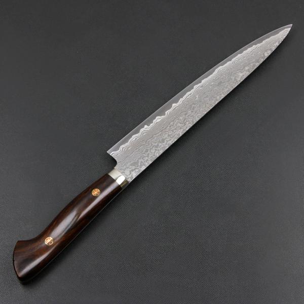 田中誠貴作 筋引包丁 両刃 210mm 粉末ハイスR2 割込み ステンレス ダマスカス模様 口金付き アイアンウッド柄 木箱入り |  | 02