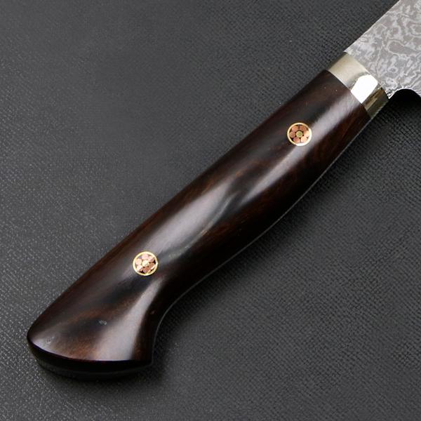 田中誠貴作 筋引包丁 両刃 210mm 粉末ハイスR2 割込み ステンレス ダマスカス模様 口金付き アイアンウッド柄 木箱入り |  | 05