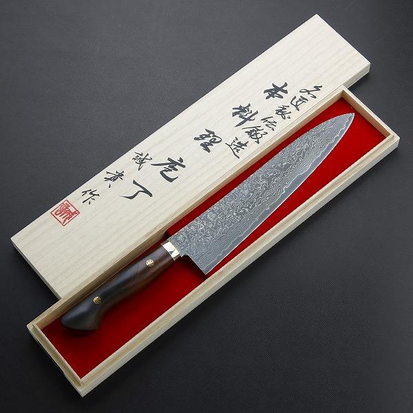 田中誠貴作 牛刀 両刃 240mm 粉末ハイスR2 割込 ステンレス ダマスカス模様 口金付き アイアンウッド柄 日本製 | 