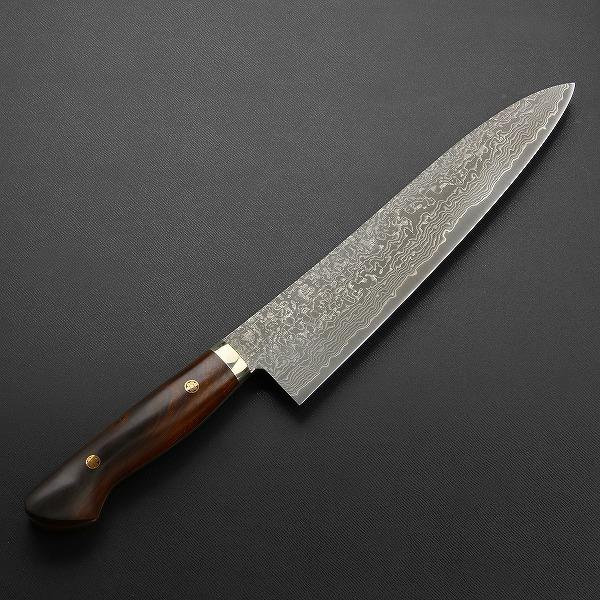 田中誠貴作 牛刀 両刃 240mm 粉末ハイスR2 割込 ステンレス ダマスカス模様 口金付き アイアンウッド柄 日本製 |  | 01