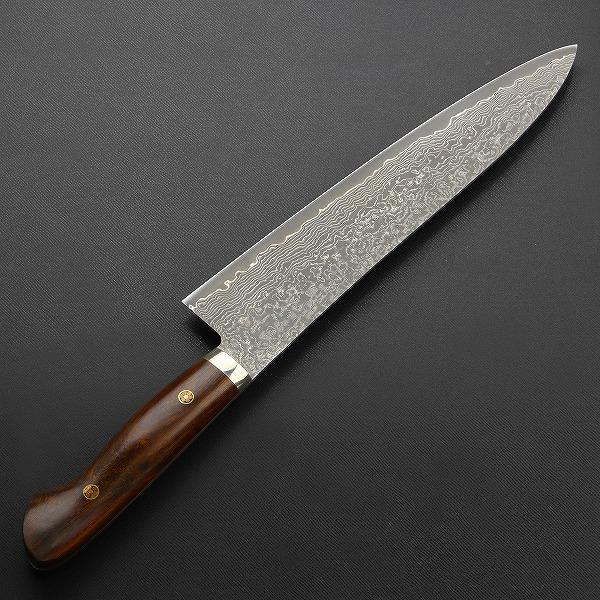 田中誠貴作 牛刀 両刃 240mm 粉末ハイスR2 割込 ステンレス ダマスカス模様 口金付き アイアンウッド柄 日本製 |  | 02