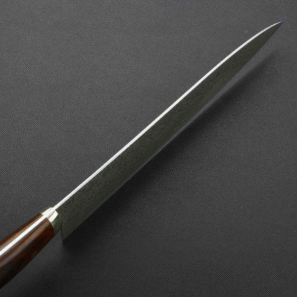 田中誠貴作 牛刀 両刃 240mm 粉末ハイスR2 割込 ステンレス ダマスカス模様 口金付き アイアンウッド柄 日本製 |  | 03