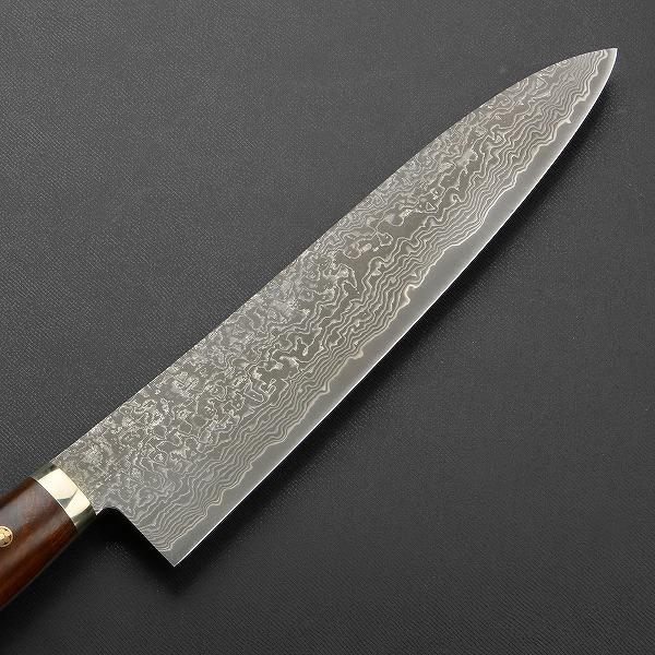 田中誠貴作 牛刀 両刃 240mm 粉末ハイスR2 割込 ステンレス ダマスカス模様 口金付き アイアンウッド柄 日本製 |  | 04