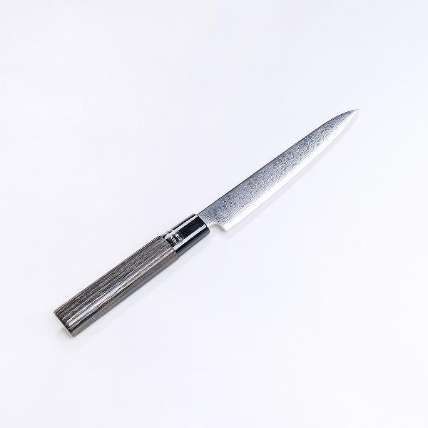 名入れ無料 ペティナイフ 両刃 150mm ダマスカス模様 総磨き仕上げ ZA18 焼栗柄 軽量 日本製｜honmamon