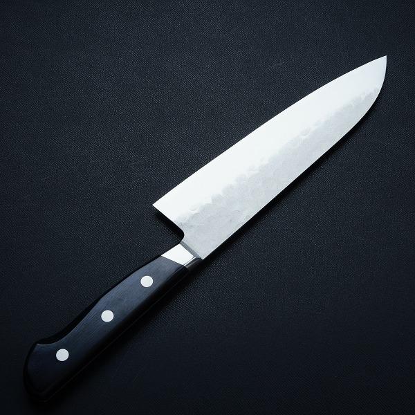 名入れ無料 風呂敷付 三徳包丁 両刃 180mm 青紙鋼 割込み ステンレス 梨地 槌目仕上げ 斜め口金付 黒合板 プレゼント 退職祝い 誕生日の画像