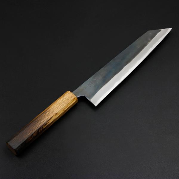 土佐打刃物　切付　和牛刀210mm 包丁　青紙　黒打　手打ち刃物　未使用　② 元兼 切付型 牛刀 210mm 両刃 青紙スーパー 割込み 黒打ち仕上げ 焼き