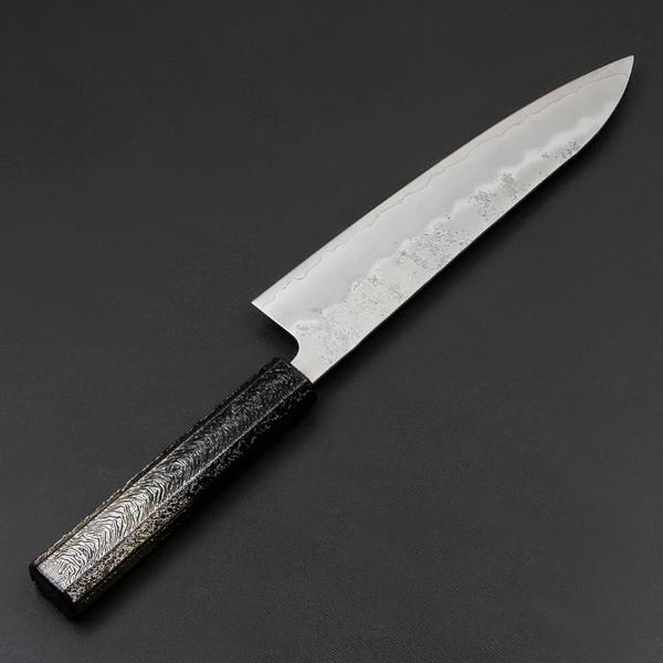 牛刀包丁 紋三郎作 全長41cm刃28cm重約308g厚約2mm ★送料無料 重勝 和牛刀 両刃 210mm 銀三ステンレス 梨地 暗銀漆柄 : ほんまもん