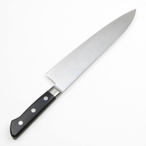 源 兼正 牛刀 両刃 240mm 全鋼 共口金付き 黒合板柄 本刃付仕様（長期在庫品）の画像