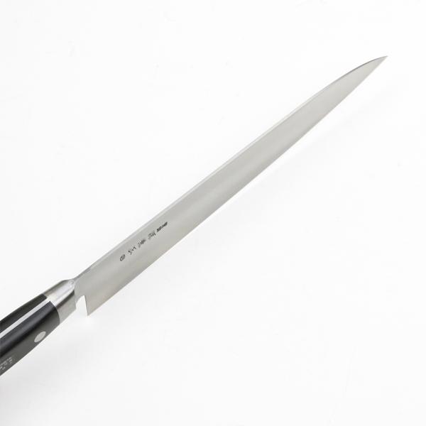源 兼正 牛刀 両刃 240mm 全鋼 共口金付き 黒合板柄 本刃付仕様（長期在庫品）の画像