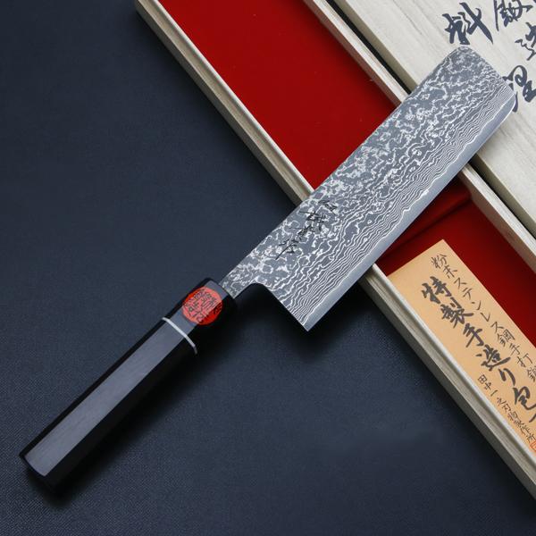 本造り菜切り包丁 業務用 誠貴作 羽々斬 菜切り包丁 両刃 165mm 粉末積層鋼 ダマスカス模様 黒檀