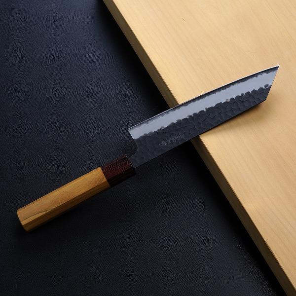 文化包丁 両刃 170mm 青紙スーパー 割込みステンレス 黒打ち槌目模様