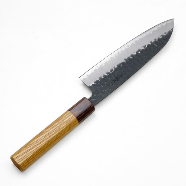 三徳包丁 両刃 165mm 青紙スーパー 割込み 黒打ち槌目模様 ケヤキ柄