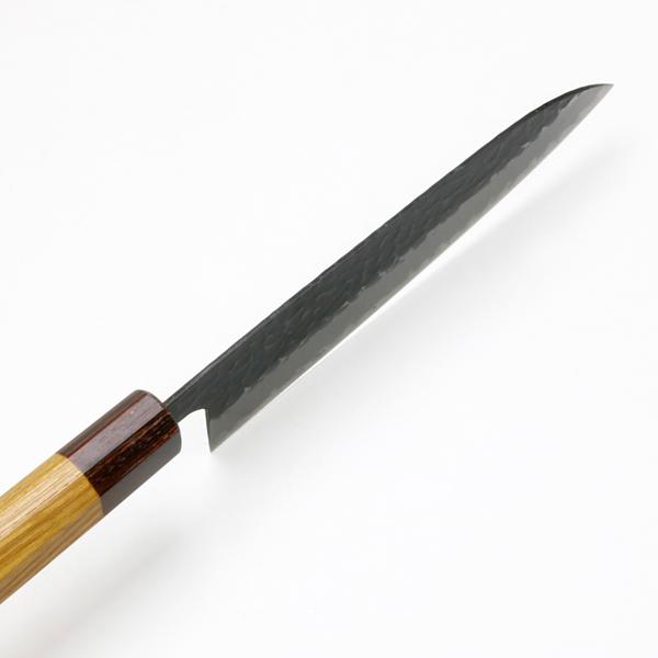 三徳包丁 両刃 165mm 青紙スーパー 割込み 黒打ち槌目模様 ケヤキ柄