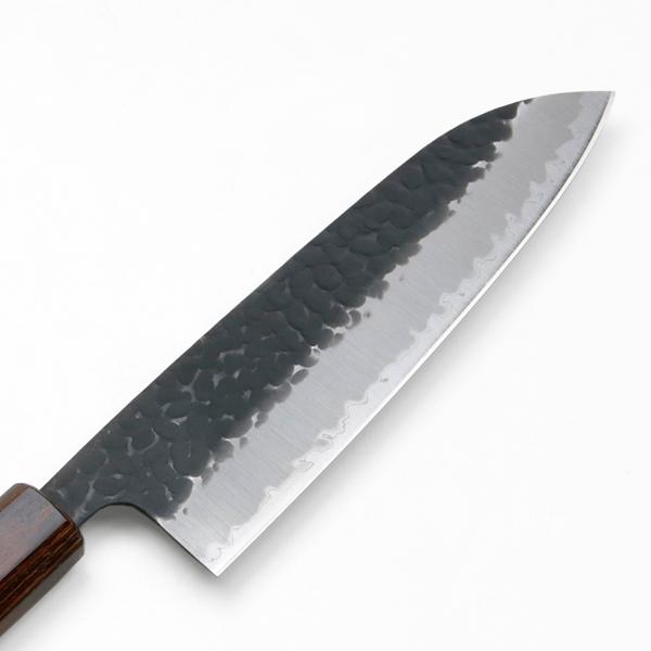 三徳包丁 両刃 165mm 青紙スーパー 割込み 黒打ち槌目模様 ケヤキ柄