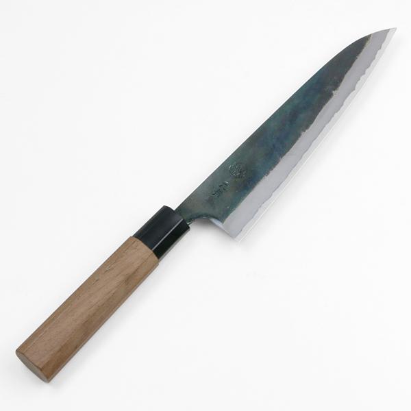 青紙1号 黒打 万能包丁 170㎜ G9412 黒檀柄 月光作 １点物 元兼 牛刀 180mm 両刃 青紙1号 割込み 黒打ち仕上げ クルミ柄 極上品