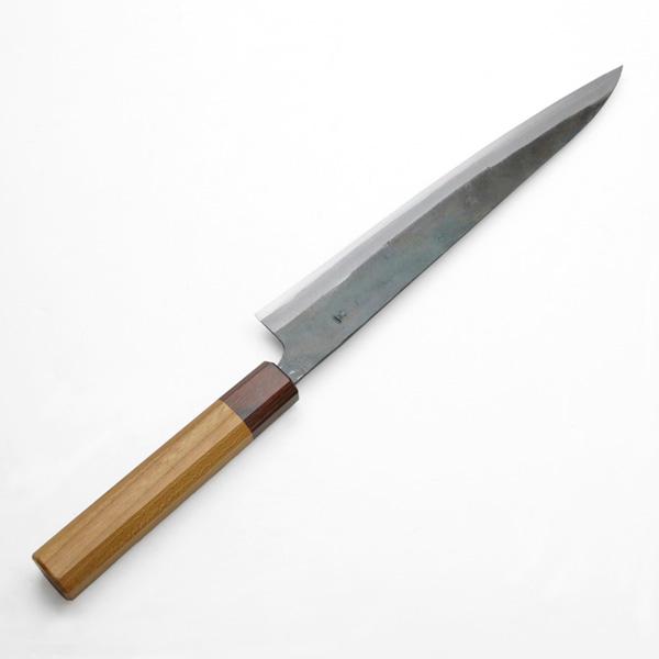 元兼 筋引き包丁 240mm 両刃 青紙1号 割込み 黒打ち仕上げ ケヤキ八角