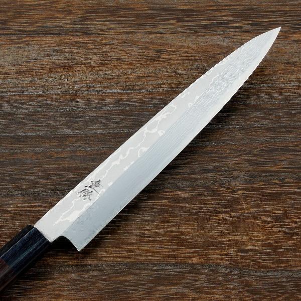 重勝 柳刃包丁 片刃 210mm 白紙鋼 鋼付 積層鋼 紫檀丸柄 しのぎ付き