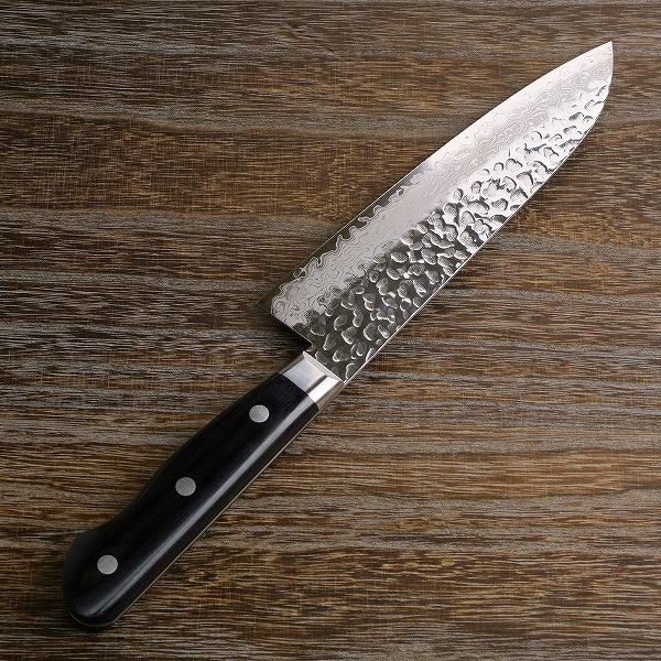 三徳包丁 両刃 180mm V金10号 割込み ステンレス 磨き槌目ダマスカス17